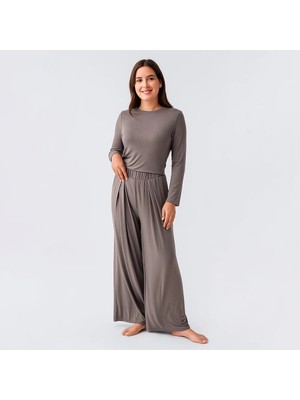 Penelope Relax Crop Bol Paça Esnek Viskoz Pijama Takımı - Vizon / Xl