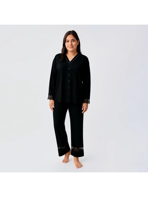 Penelope Lace Uzun Kollu Dantelli Esnek Viskoz Pijama Takımı - Siyah / Xl