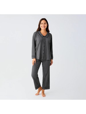 Penelope Cozy Collar Bebe Yaka Düğmeli Viskoz Pijama Takımı - Siyah / L