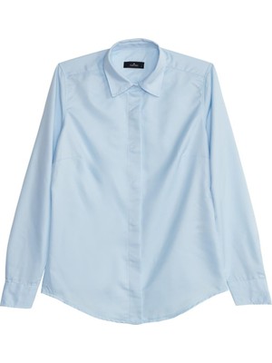 Tudors Kadın Slim Fit Dar Kesim Vucüda Oturan Uzun Kollu Gizli Düğme Detaylı Mavi Basic Gömlek