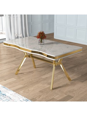 Canisa Prah Serisi Sabit Mdf 90X160 Lak Panel Beyaz Mermer Desen Gold Ayaklı Mutfak Masası