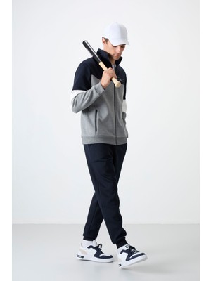 Tommy Life Gri Melanj - Lacivert Dik Yaka  Renk Geçişli İçi Polarlı Erkek Eşofman Takımı  - 85186