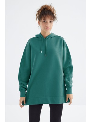 Tommy Life Deniz Yeşili Reglan Kol Basic Kapüşonlu Oversize Sweatshirt Tunik - 97242