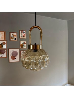 Bamyum Şila Cam Bal Rengi Tekli Avize Eskitme Kilit Kafa Başlık Retro Sarkıt Lamba Salon Aydınlatma