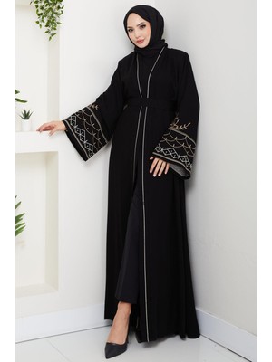 Nakışlı Kuşaklı Abaya Siyah HM2852