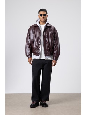 Vamos Basıc Suni Deri Oversize Ceket Bordo