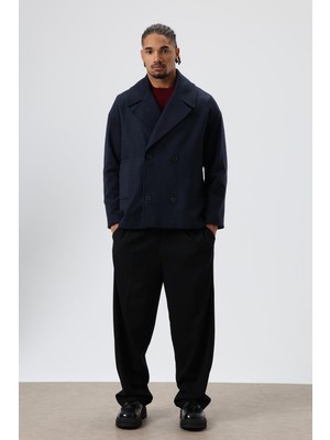 Vamos Oversize Kruvaze Kısa Kaşe Ceket Lacivert