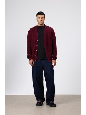 Vamos V Yaka Düğmeli Örgü Hırka Kazak Bordo