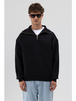 Vamos Basic Fermuarlı Dik Yaka Sweatshirt Siyah