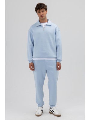 Vamos Oversize Fermuarlı Dik Yaka Sweatshirt Bebe Mavi