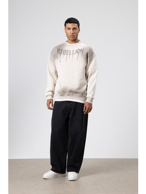 Vamos Yıkamalı Oversize Baskılı Sweatshirt Taş