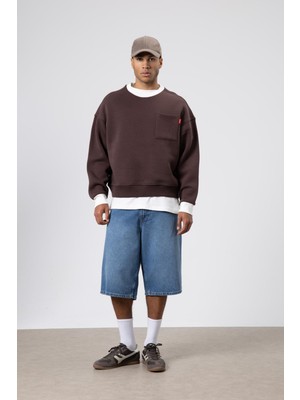 Vamos Bisiklet Yaka Cep Detaylı Oversize Sweatshirt Kahve