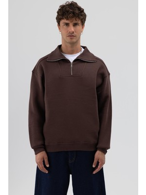 Vamos Basic Fermuarlı Dik Yaka Sweatshirt Kahve