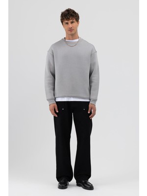 Vamos Basic Bisiklet Yaka Oversize Sweatshirt Gri