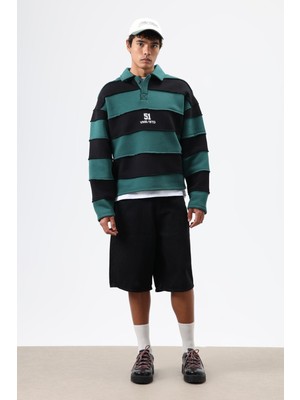 Vamos Oversize Şeritli Baskılı Sweatshirt Nefti