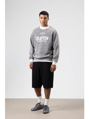 Vamos Oversize Bisiklet Yaka Baskılı Sweatshirt Gri