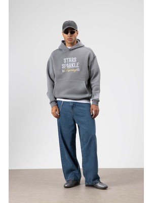 Vamos Oversize Nakış BaskılıKapüşonlu Sweatshirt Füme