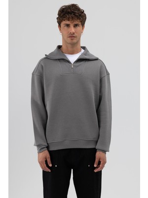 Vamos Basic Fermuarlı Dik Yaka Sweatshirt Füme