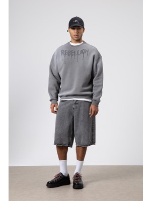 Vamos Yıkamalı Oversize Baskılı Sweatshirt Füme