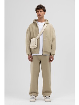 Vamos Basic Fermuarlı Oversize Kapüşonlu Sweatshirt Haki