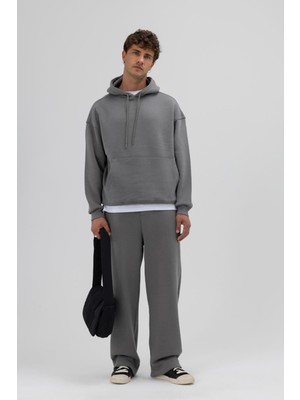 Vamos Basic Oversize Kapüşonlu Sweatshirt Füme