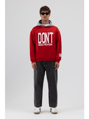 Vamos Çift Renk Baskılı Oversize Sweatshirt Kırmızı