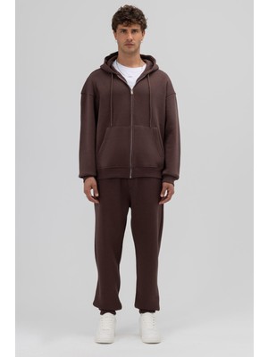 Vamos Basic Fermuarlı Oversize Kapüşonlu Sweatshirt Kahve