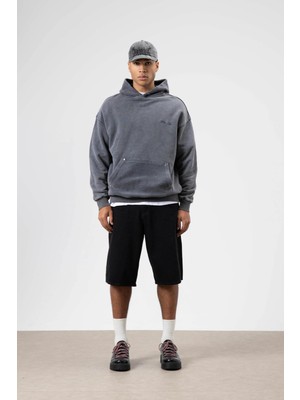 Vamos Oversize Yıkamalı Baskılı Kapüşonlu Sweatshirt Siyah