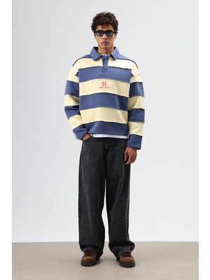 Vamos Oversize Şeritli Baskılı Sweatshirt Mavi