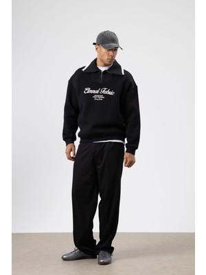 Vamos Oversize Fermuarlı Yaka Sweatshirt Siyah