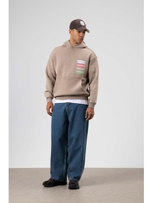 Vamos Oversize Yıkamalı Baskılı Kapüşonlu Sweatshirt Vizon