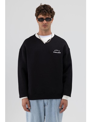 Vamos Oversize Bisiklet Yaka Baskılı Sweatshirt Siyah