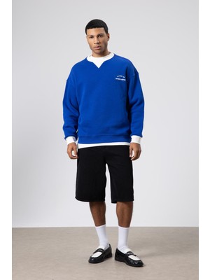 Vamos Oversize Bisiklet Yaka Baskılı Sweatshirt Saks