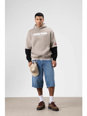 Vamos Oversize Baskılı Kapüşonlu Sweatshirt Açık Vızon