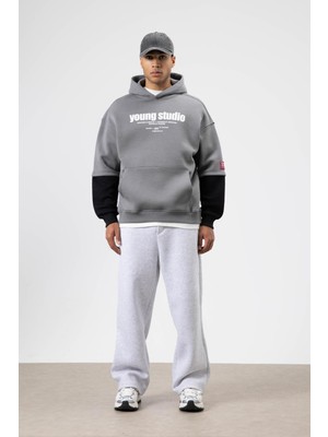 Vamos Oversize Baskılı Kapüşonlu Sweatshirt Füme