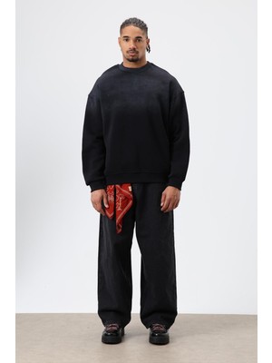 Vamos Yıkamalı Taş Detaylı Oversize Sweatshirt Siyah