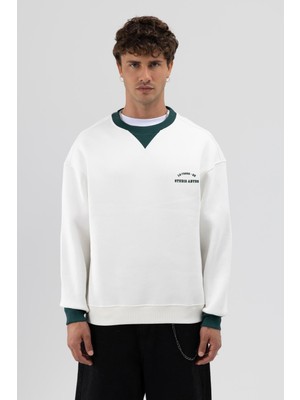 Vamos Oversize Bisiklet Yaka Baskılı Sweatshirt Ekru