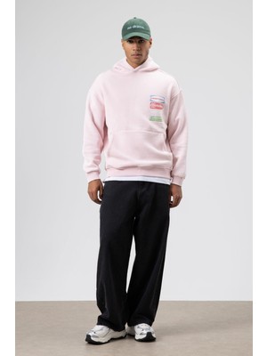 Vamos Oversize Yıkamalı Baskılı Kapüşonlu Sweatshirt Pembe