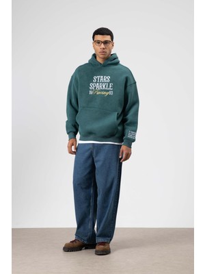 Vamos Oversize Nakış BaskılıKapüşonlu Sweatshirt Nefti