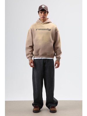 Vamos Oversize Baskılı Yıkamalı Hoodie Vizon