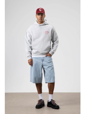 Vamos Oversize Yıkamalı Boxy Fit Kapüşonlu Sweatshirt Açık Gri