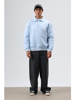 Vamos Polo Yaka Oversize Baskılı Yıkamalı Sweatshirt Bebe Mavi