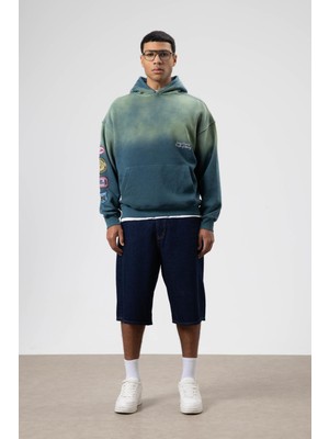 Vamos Oversize Baskılı Kapüşonlu Sweatshirt Nefti