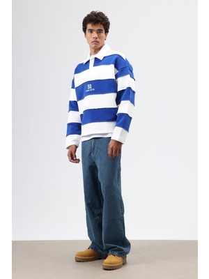 Vamos Oversize Şeritli Baskılı Sweatshirt Ekru