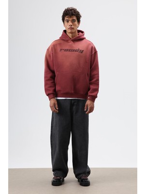 Vamos Oversize Baskılı Yıkamalı Hoodie Bordo
