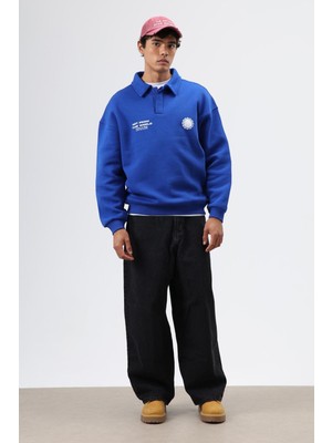 Vamos Polo Yaka Oversize Baskılı Yıkamalı Sweatshirt Saks