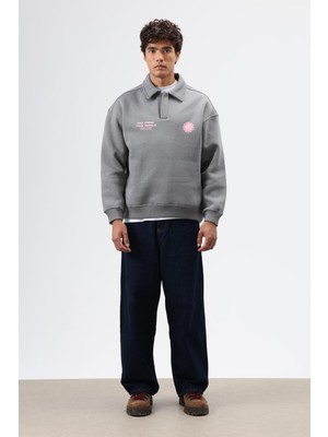 Vamos Polo Yaka Oversize Baskılı Yıkamalı Sweatshirt Füme