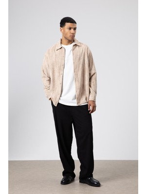 Vamos Oversize Dokulu Gömlek Bej