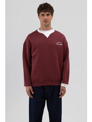 Vamos Oversize Bisiklet Yaka Baskılı Sweatshirt Bordo