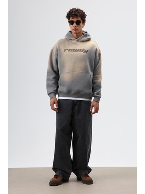 Vamos Oversize Baskılı Yıkamalı Hoodie Füme